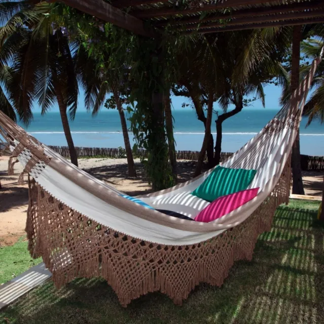 Brasil Deluxe Hacienda Luxury Double Hammock Bomull Beige med makramékant by MacaMex MA-01130 color brun